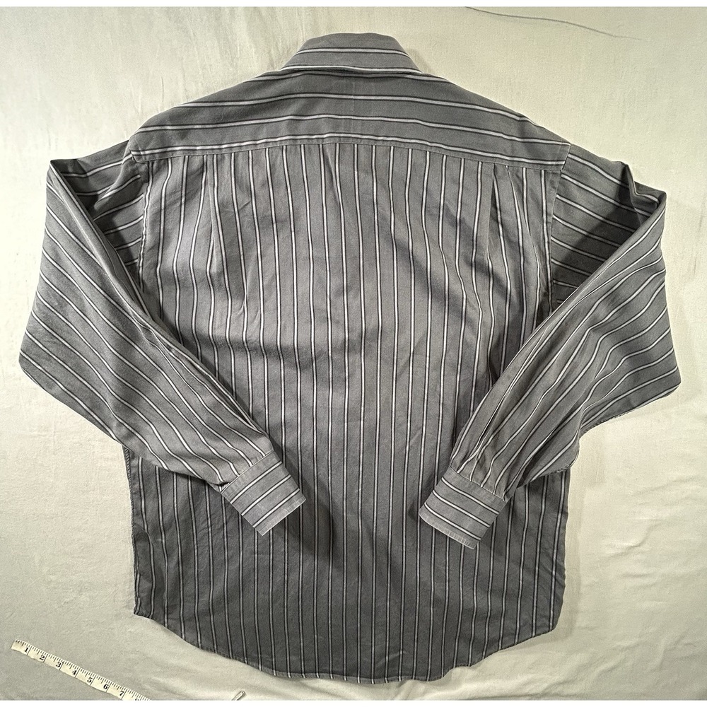 Thomas Dean Button Front Gray Striped Shirt Men's 16 1/2‎ R Broken Button Sleeve - Picture 9 of 10